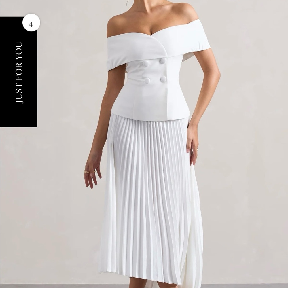 Hattie White Bardot tailored midi dress with pleated skirt